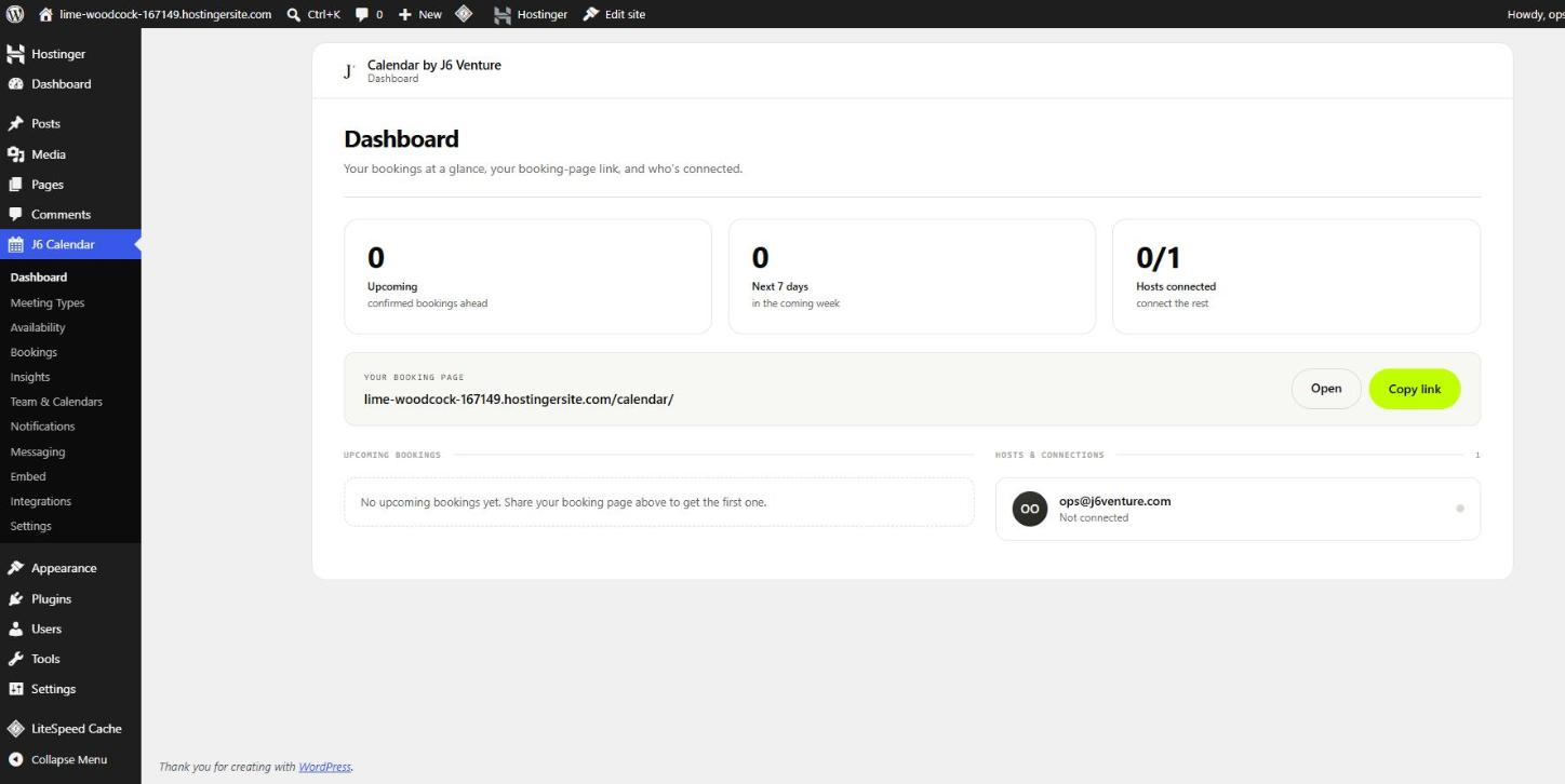 The J6 Calendar dashboard on a fresh install, showing zero bookings, 0 of 1 hosts connected, and the booking-page link.