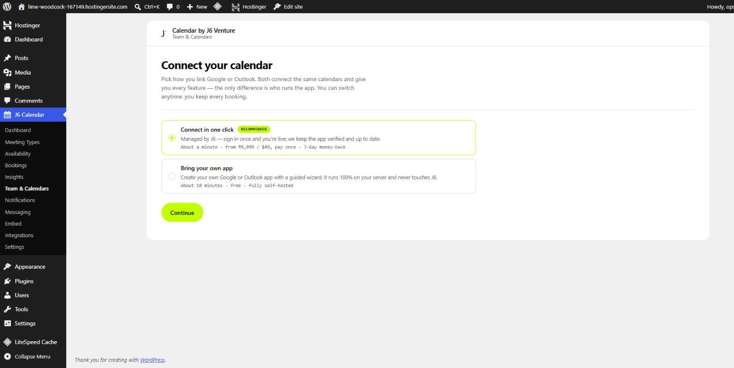 The Connect your calendar screen with two options: Connect in one click (recommended) and Bring your own app.