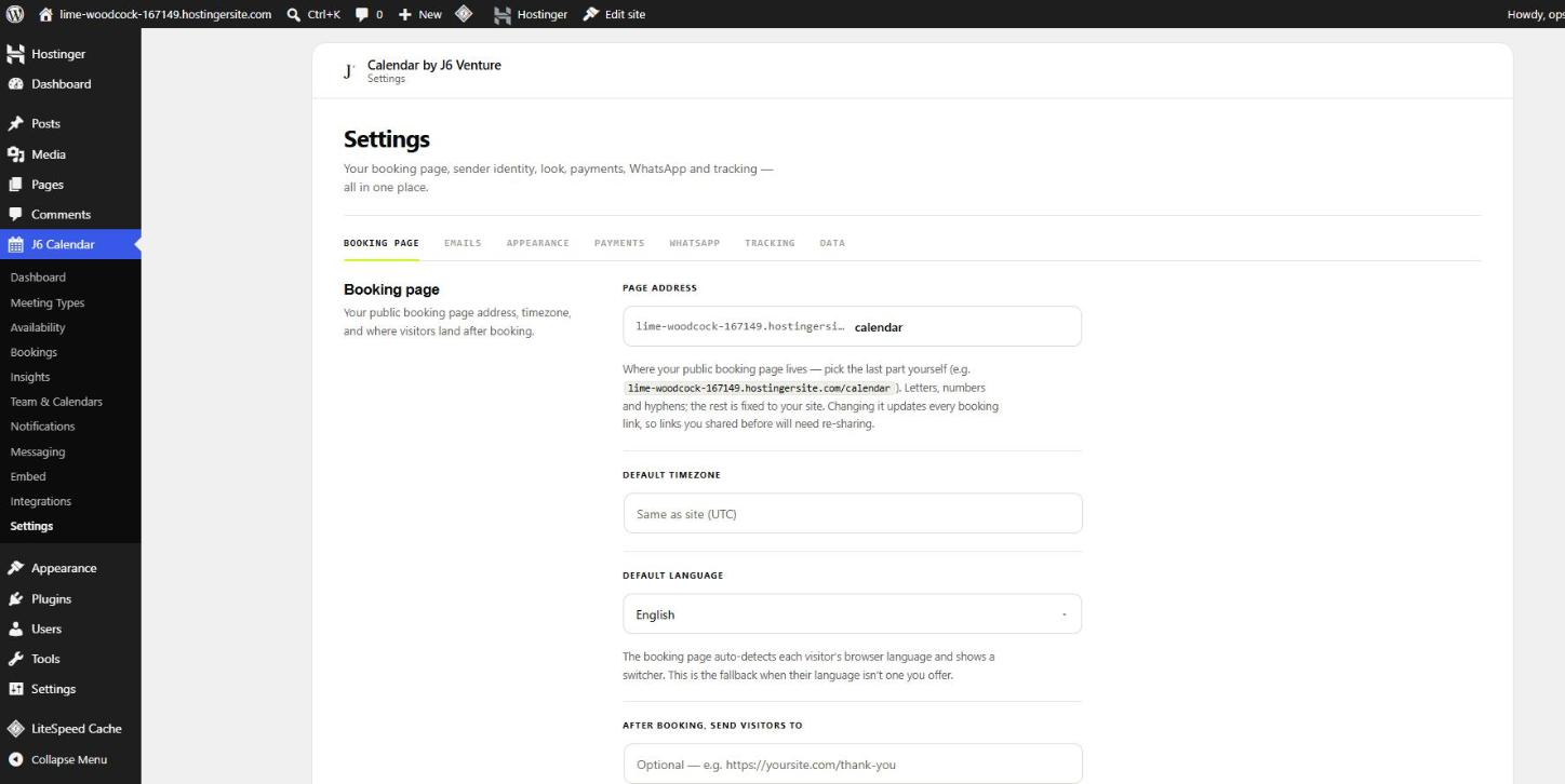 Settings, Booking page tab: page address, default timezone, default language, and after-booking redirect.