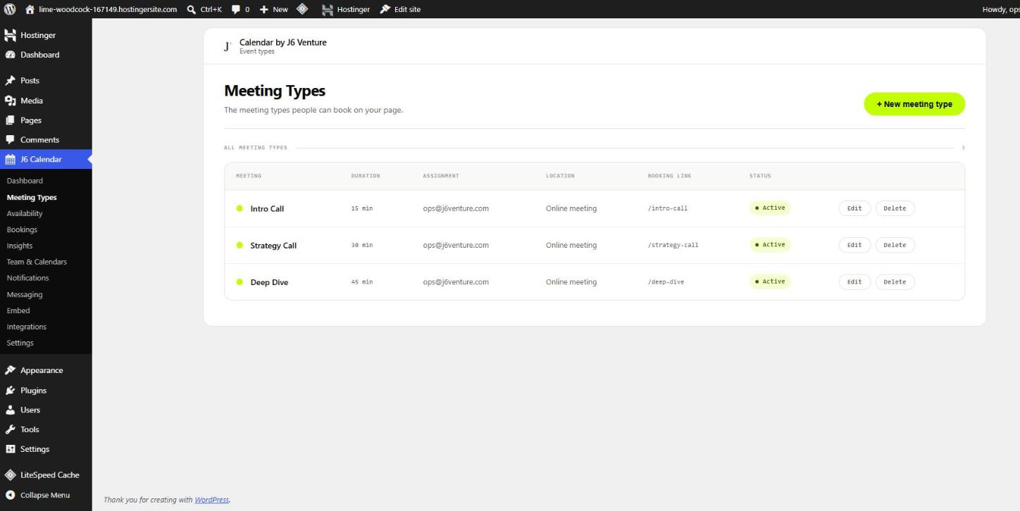 The Meeting Types list showing three sample meeting types: Intro Call, Strategy Call, Deep Dive.