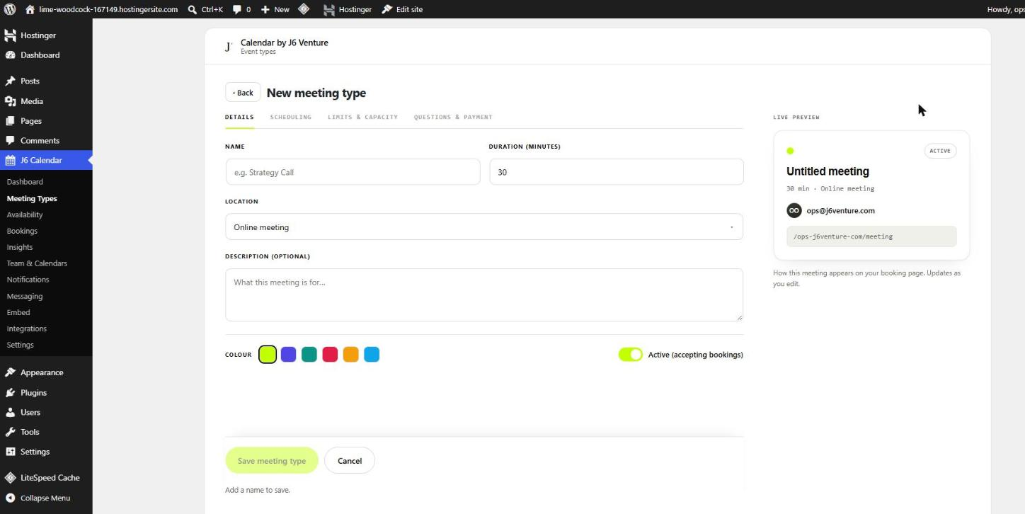 The New meeting type form with Name, Duration, Location, Description and a live preview.