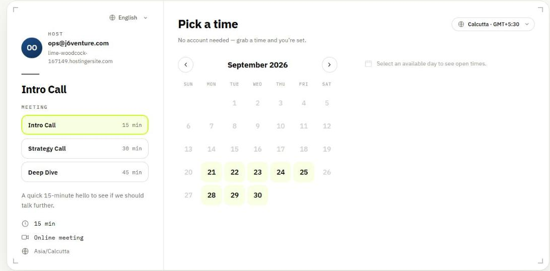The public booking page: host, a list of meeting types, and a calendar to pick a time.