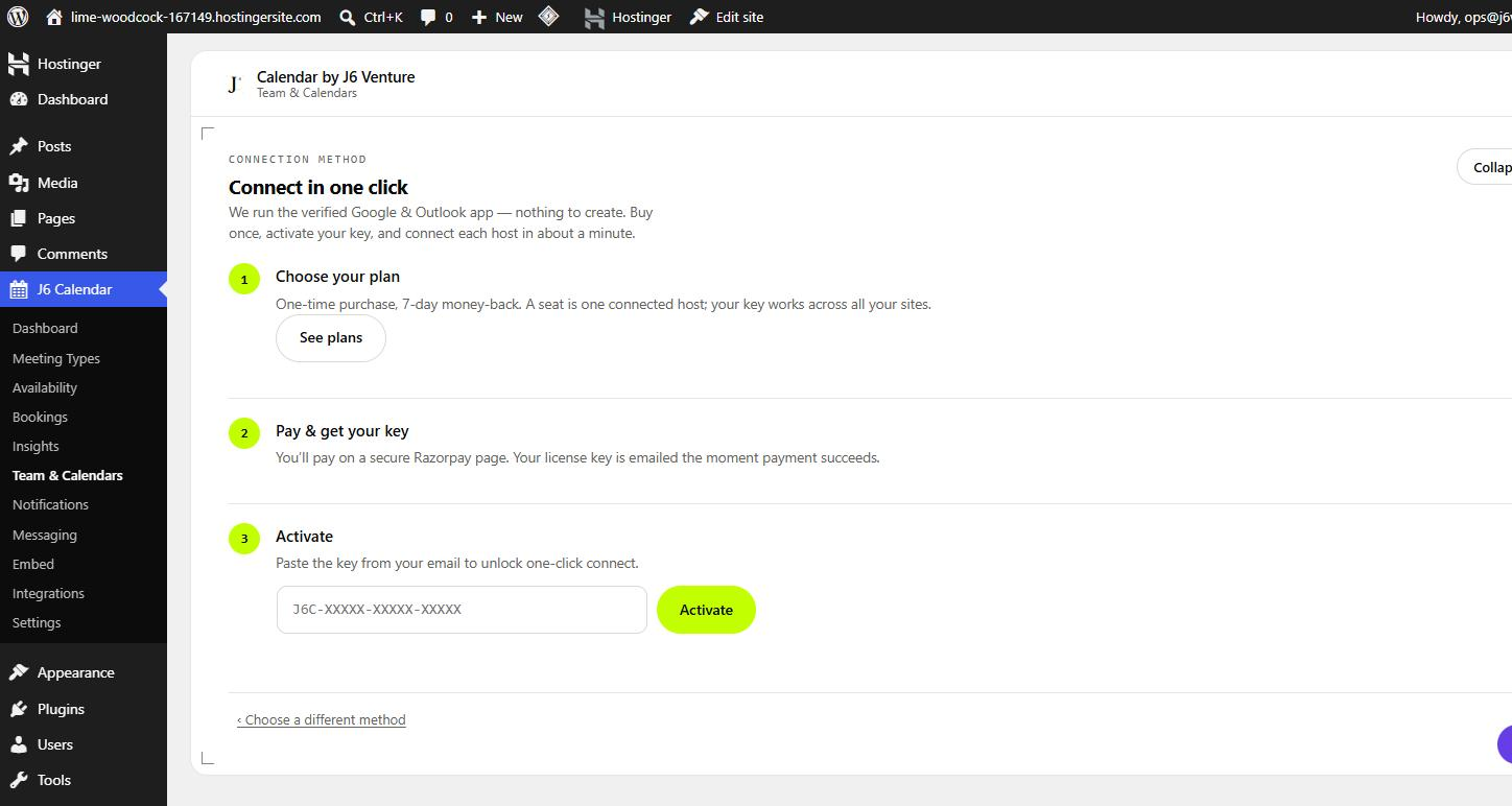 The one-click connect screen showing three steps: choose your plan, pay and get your key, and activate.