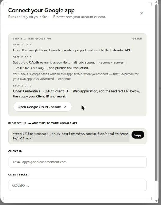 The Connect your Google app wizard: three steps, the redirect URI to copy, and fields for Client ID and Client Secret.