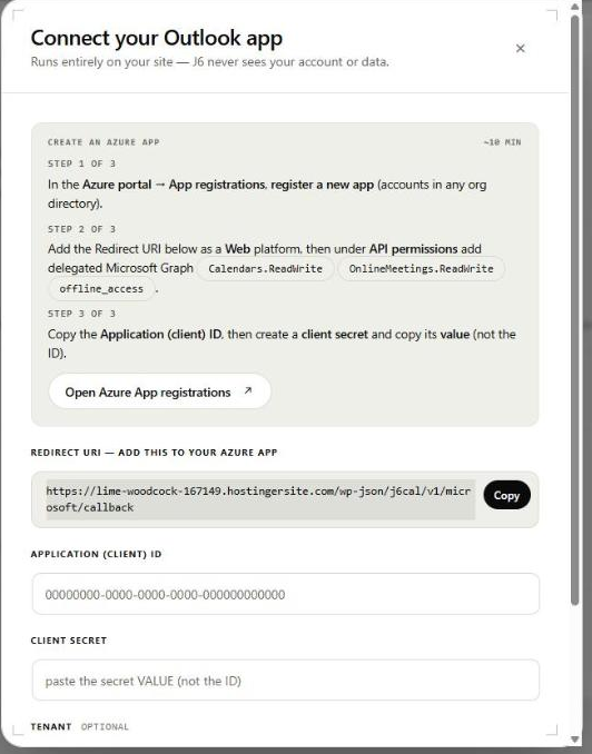 The Connect your Outlook app wizard: three Azure steps, the redirect URI, and fields for Application (client) ID and Client Secret.