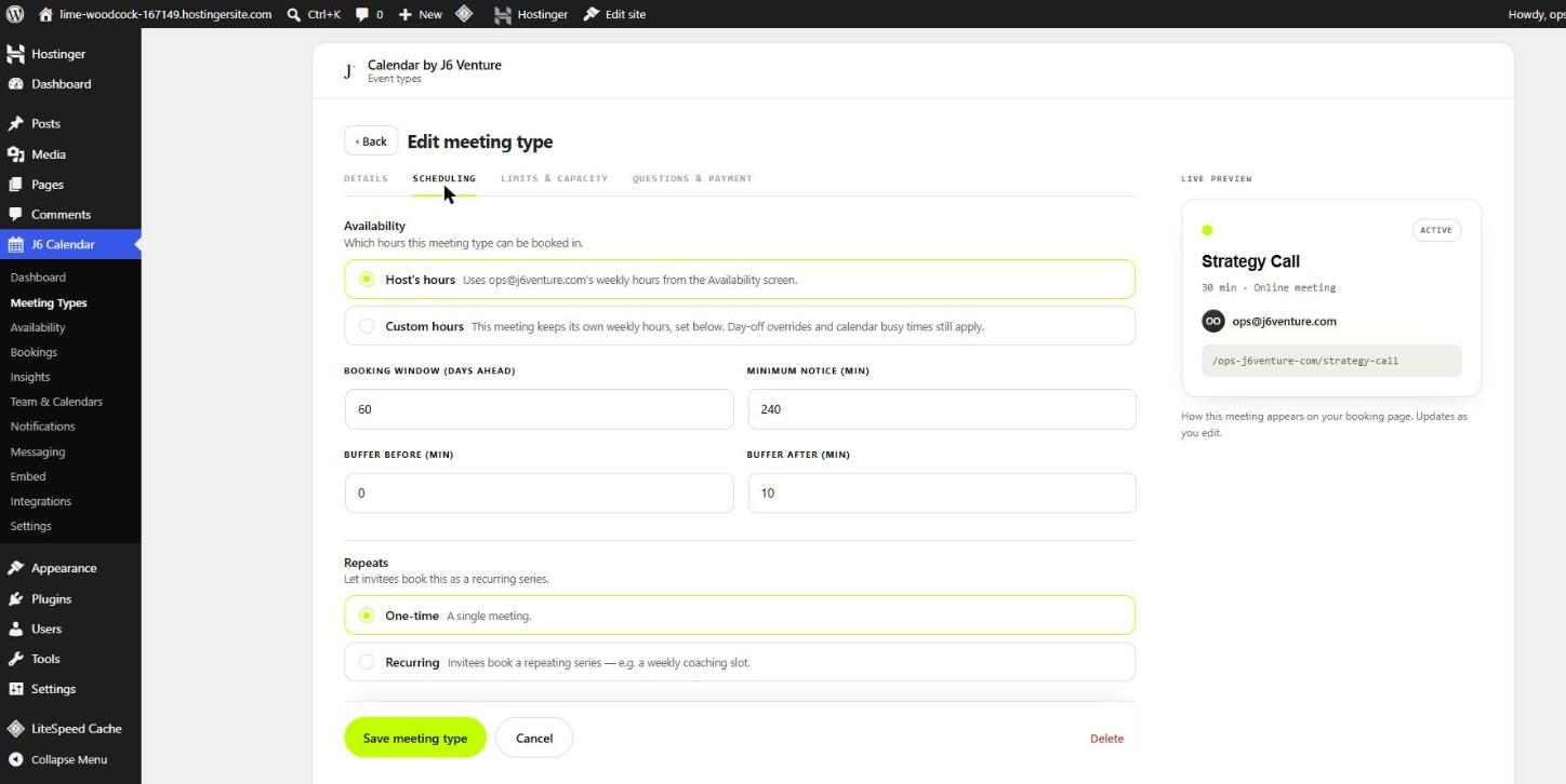 The Scheduling tab: Host's hours vs Custom hours, booking window, minimum notice, buffer before and after, and one-time vs recurring.