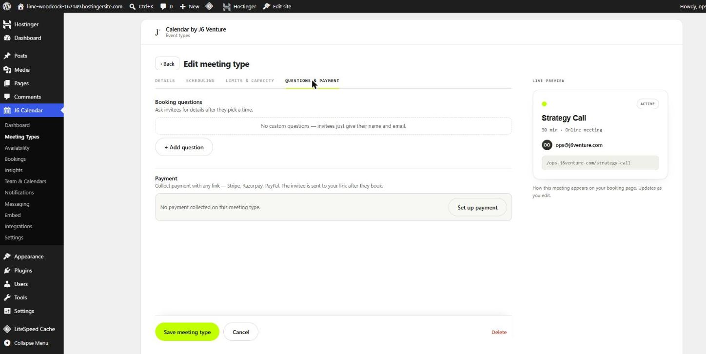 Questions and Payment tab: add booking questions, and set up a payment link.