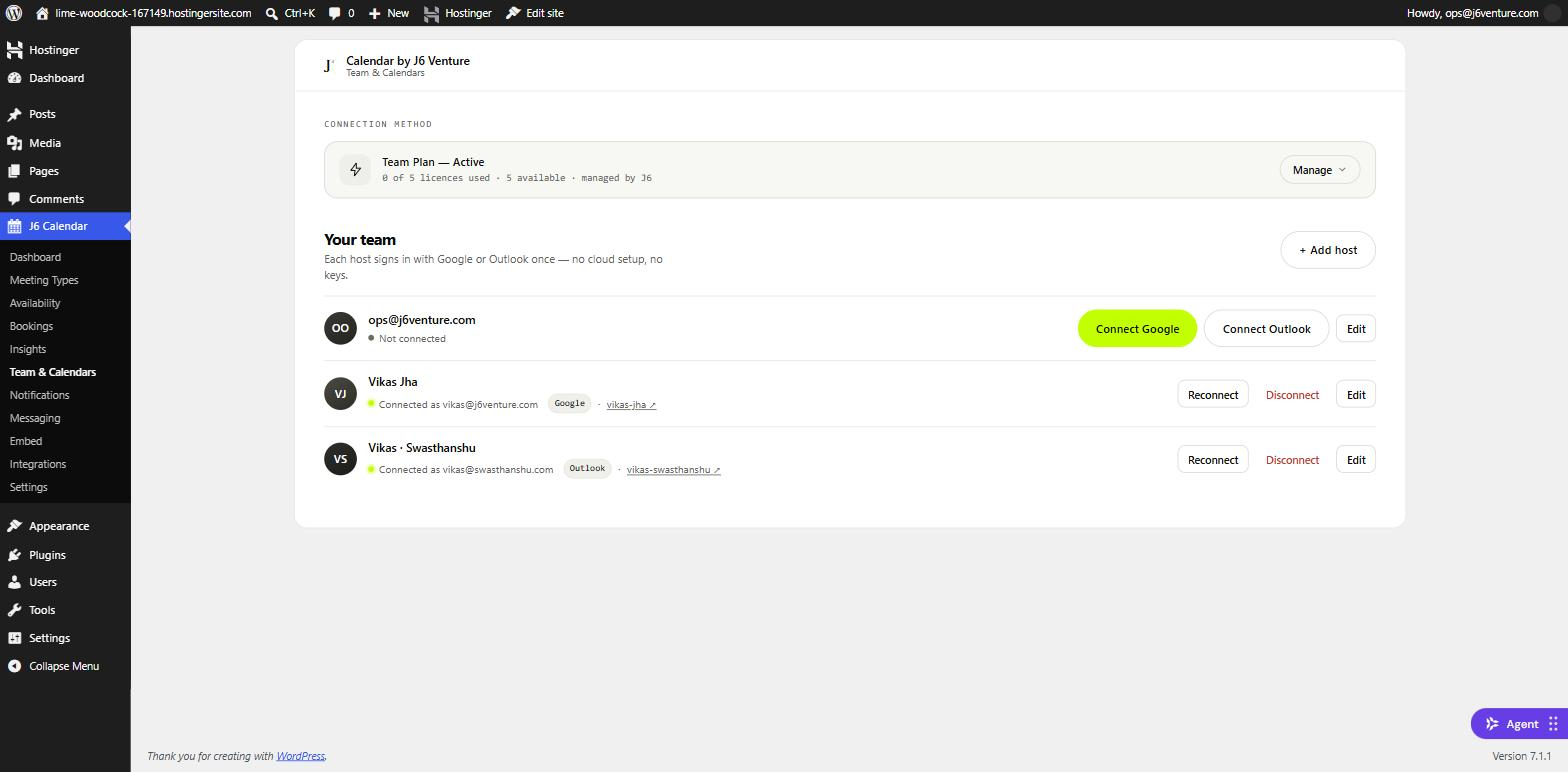 The Team & Calendars screen: a Team Plan header showing licences used, and a list of hosts each with a connection status and provider.