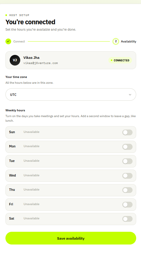 The host setup portal after connecting: a 'You're connected' confirmation with the host's account, a time-zone picker, and weekly-hours toggles for each day.