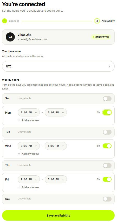 The host portal weekly hours: Monday, Wednesday and Friday switched on with 9:00 AM to 5:00 PM and an Add a window link; other days unavailable.