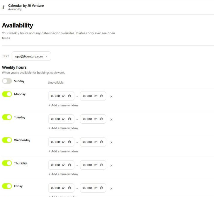 The Availability screen: a host selector, and weekly hours with Sunday off and Monday to Friday set to 9:00 AM–5:00 PM, each with an Add a time window link.
