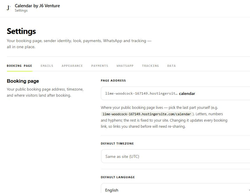Settings → Booking page: the page address field, default time zone, and default language, with the row of settings tabs above.
