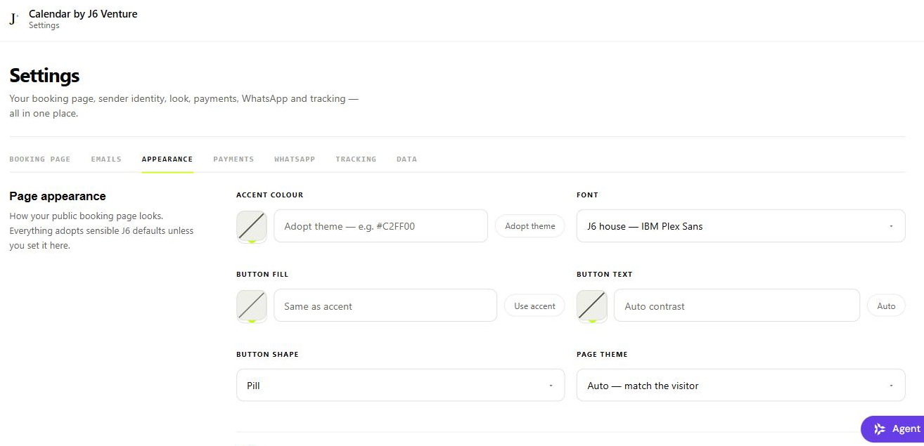 Settings → Appearance: accent colour, font picker, button fill and text, button shape, page theme, and a logo field.