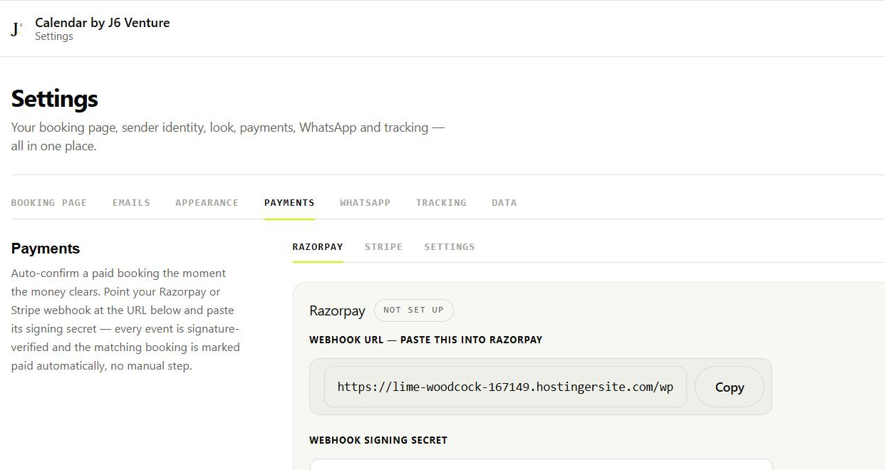 Settings → Payments: Razorpay / Stripe tabs, the webhook URL to paste into the gateway with a Copy button, and the webhook signing secret field.