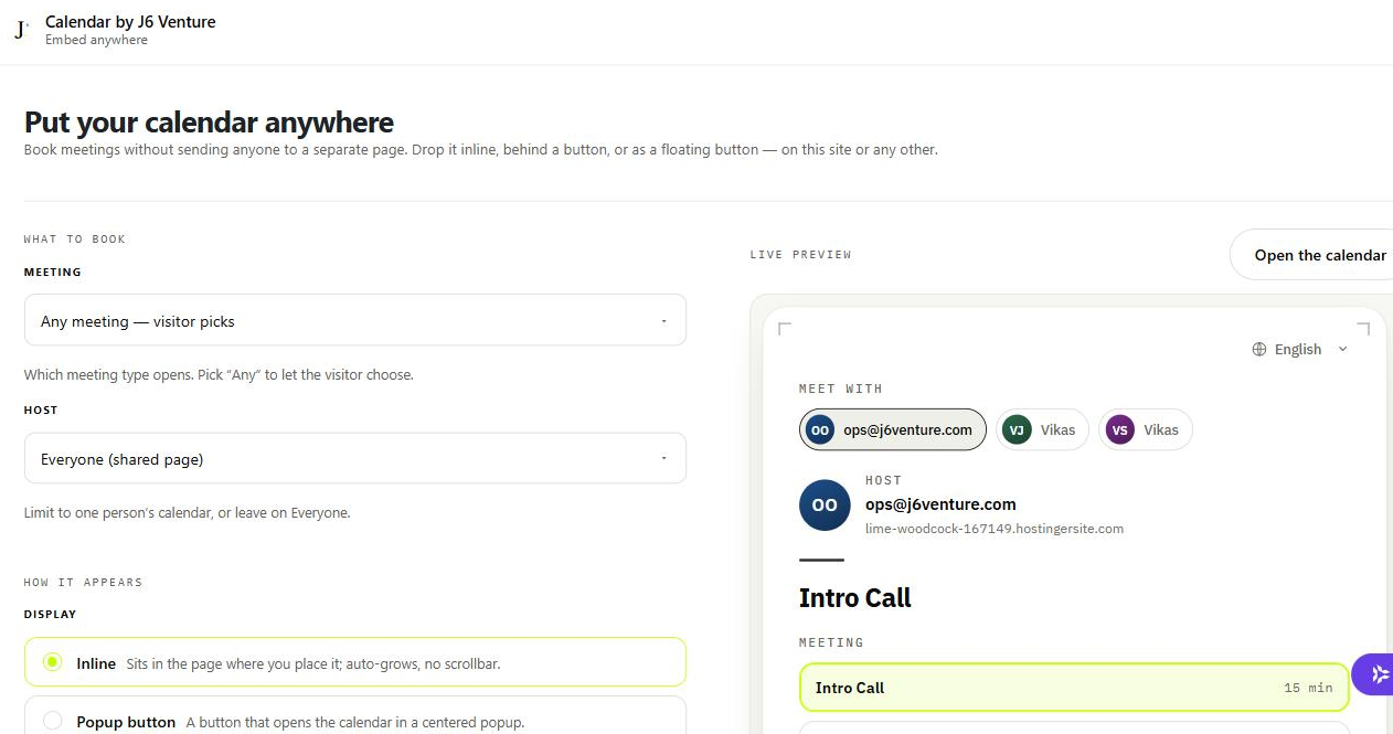 The Embed screen: choose the meeting and host, choose Inline / Popup button / Floating button, with a live preview of the booking widget on the right.