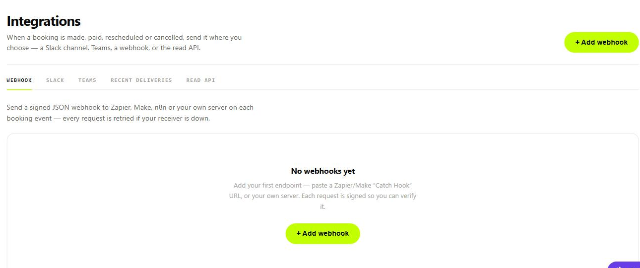 The Integrations screen with tabs for Webhook, Slack, Teams, Recent deliveries and Read API, and an Add webhook button.