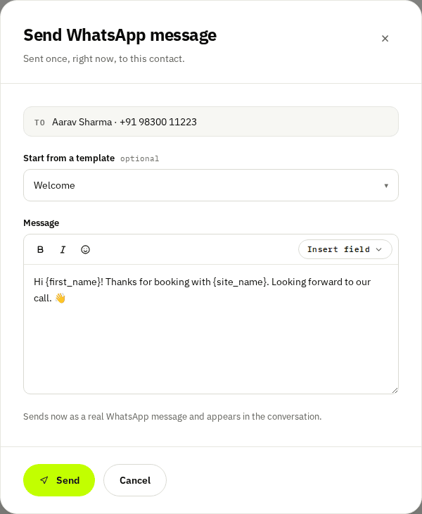 The Send WhatsApp message composer: a To line, a template picker, a message editor with formatting and merge fields, and a Send button.