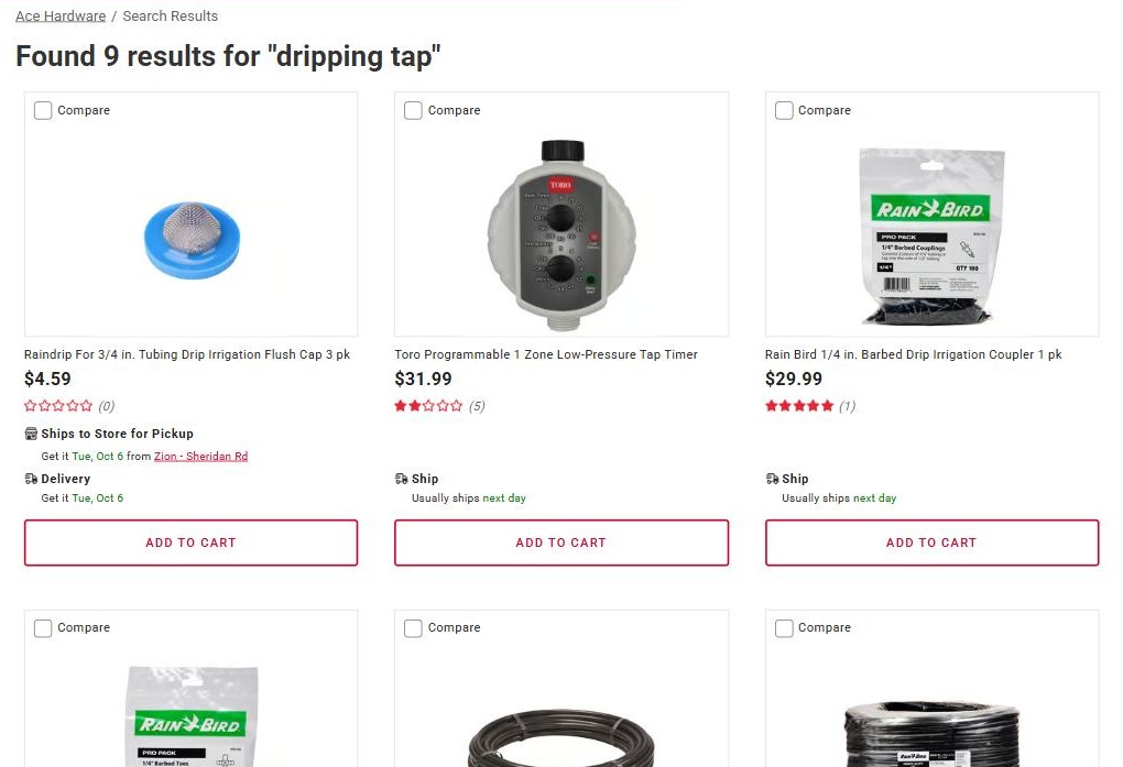 Ace Hardware site search showing 9 results for "dripping tap": drip irrigation parts and a tap timer, with no faucet repair parts