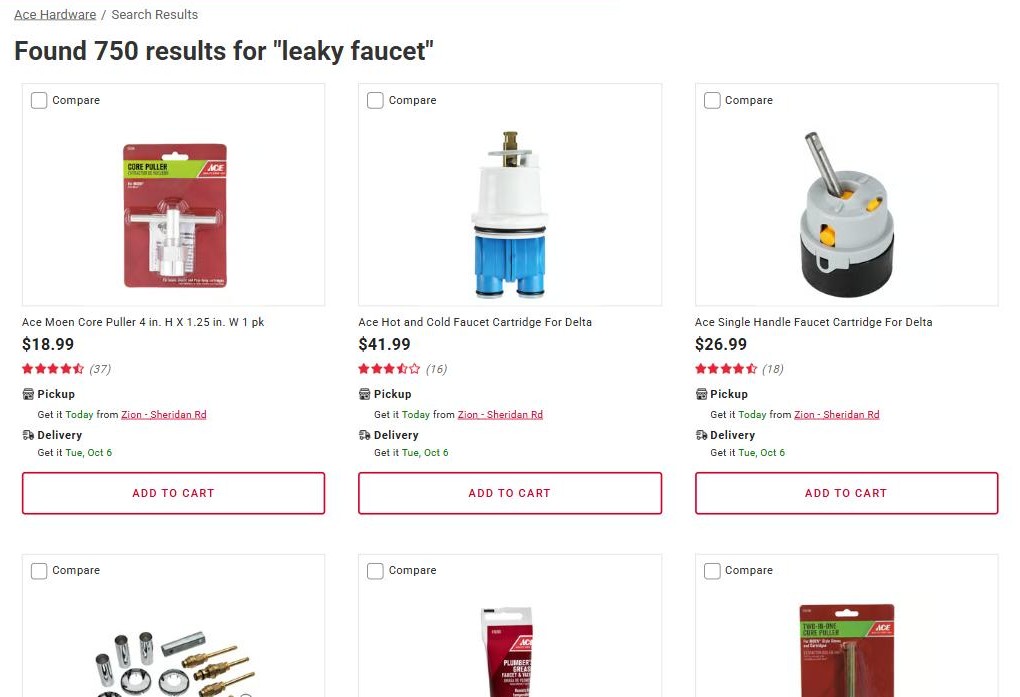 Ace Hardware site search showing 750 results for "leaky faucet", led by a core puller and faucet cartridges