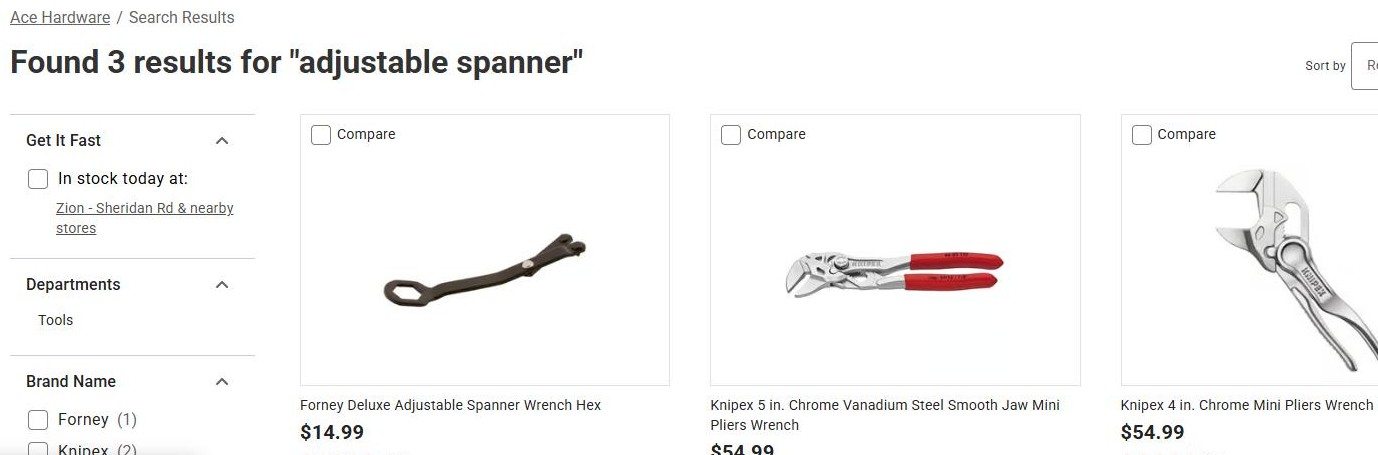 Ace Hardware site search showing 3 results for "adjustable spanner": a spanner wrench and two pliers wrenches