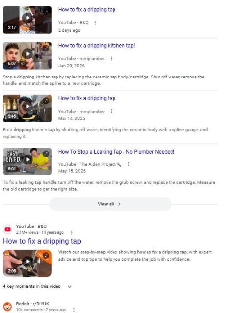 Google's links for "dripping tap": B&Q and other how-to videos titled "How to fix a dripping tap", then Reddit r/DIYUK