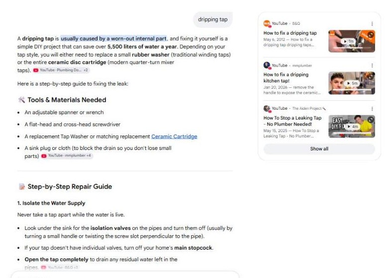 Google AI Mode answering "dripping tap" with a repair guide, a tools list, and cited videos