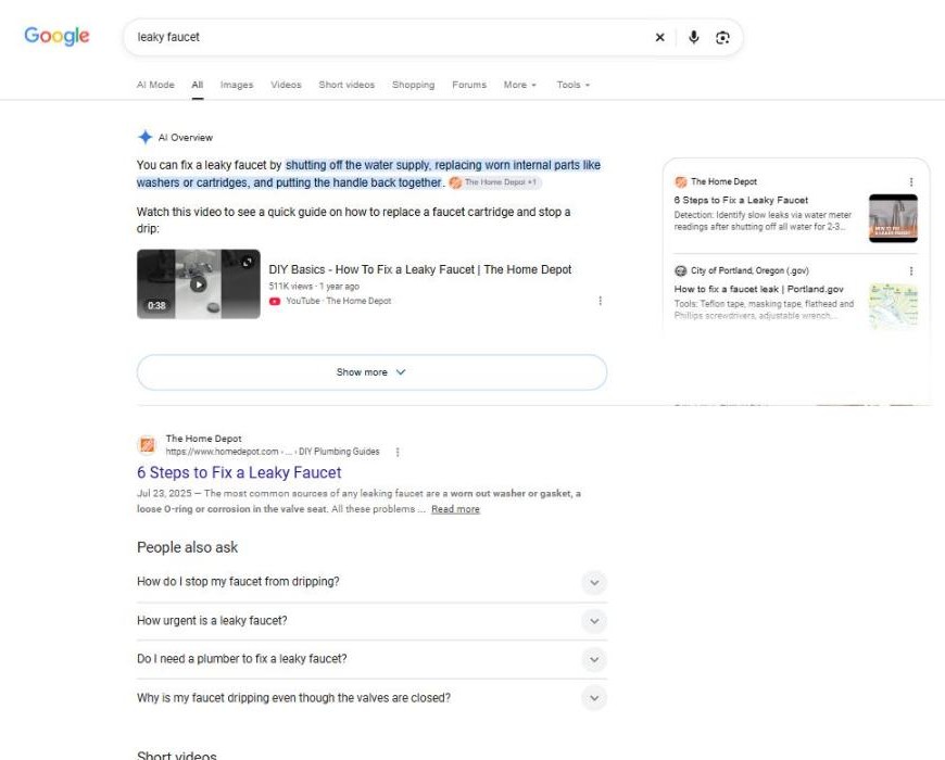 Google results for "leaky faucet": an AI Overview and US sources, including The Home Depot