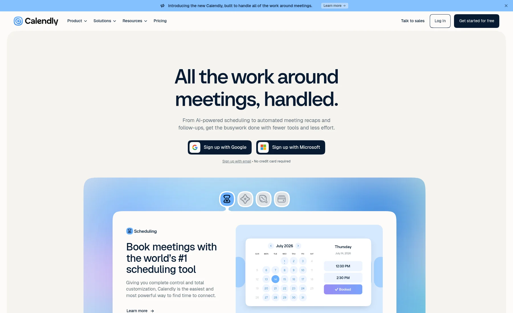 Calendly homepage showing sign-up options and a Talk to sales link.
