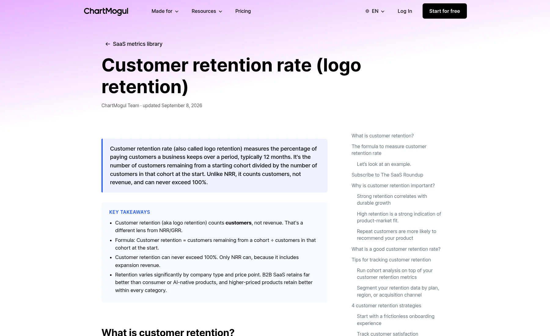 ChartMogul customer-retention metrics page showing its logo-retention definition and September 8, 2026 update date.