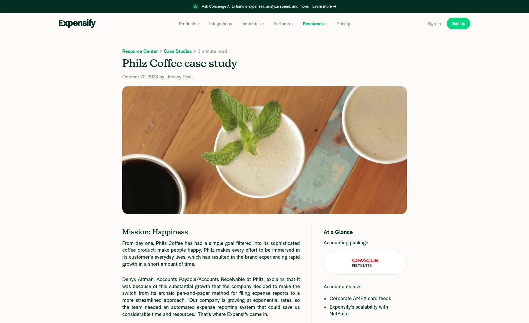 Expensify’s public Philz Coffee case-study page opens with a customer title, publication date, large photograph, and the beginning of its narrative.
