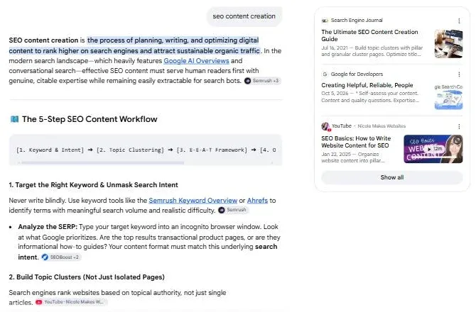 Google AI Mode answer for "seo content creation" on October 6, 2026, defining the term and stating that search engines rank websites based on topical authority