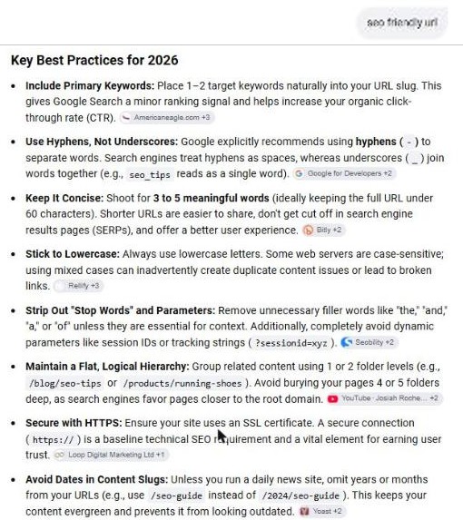 Google AI Mode answer for "seo friendly url" on October 5, 2026, recommending URLs under 60 characters and one or two folder levels