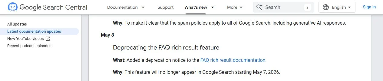 Google's May 8 update states that FAQ rich results would no longer appear starting May 7, 2026.
