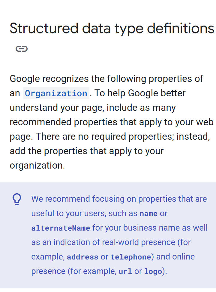 Google Search Central’s Organization guidance states that there are no required properties and recommends properties relevant to the organization.