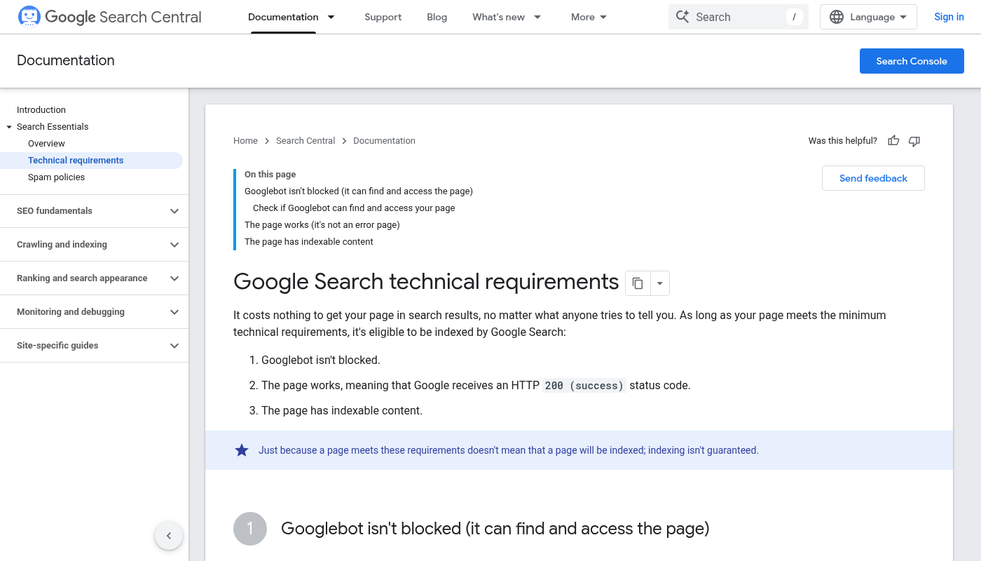 Google Search Central's technical requirements, including the statement that meeting them does not guarantee indexing.