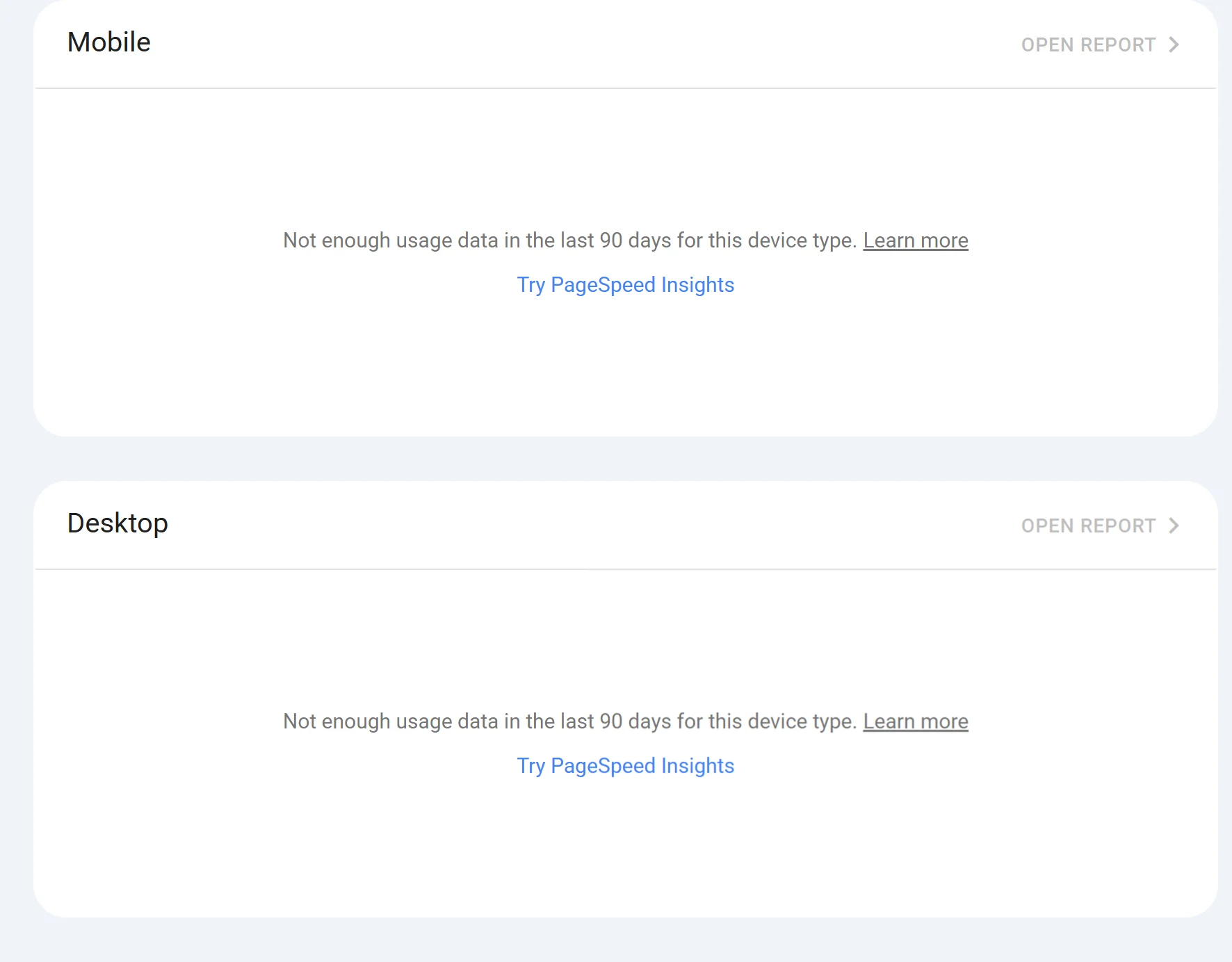 Core Web Vitals report for j6venture.com showing Not enough usage data in the last 90 days for both mobile and desktop