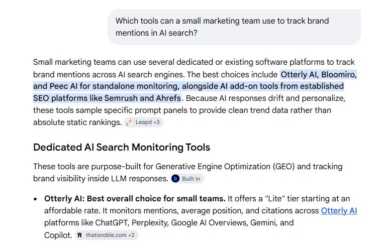 A later Google AI Mode check of question A names Otterly AI as an option for small teams.