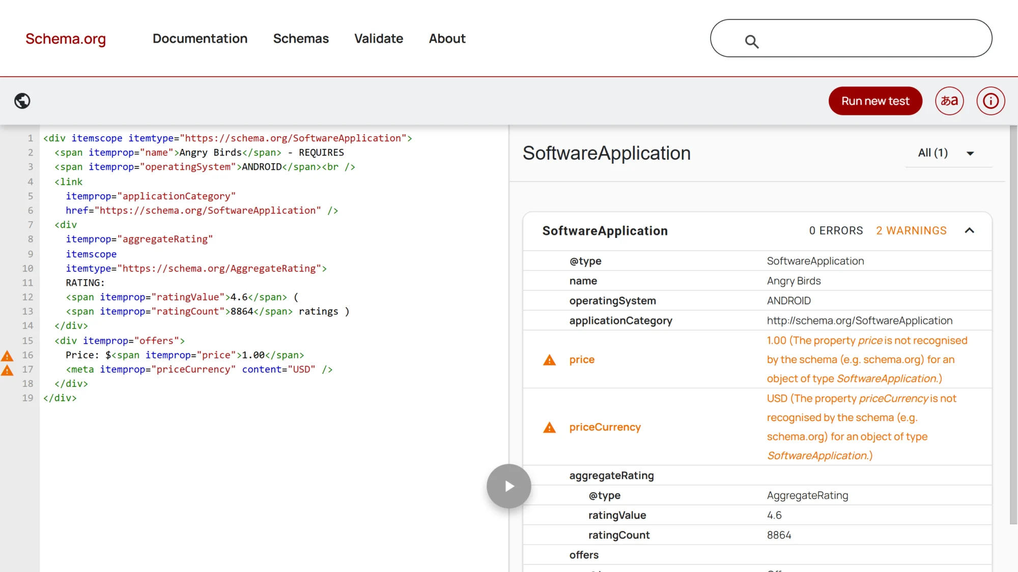 Schema Markup Validator shows two warnings because price and priceCurrency belong to SoftwareApplication after the Offer boundary was removed.