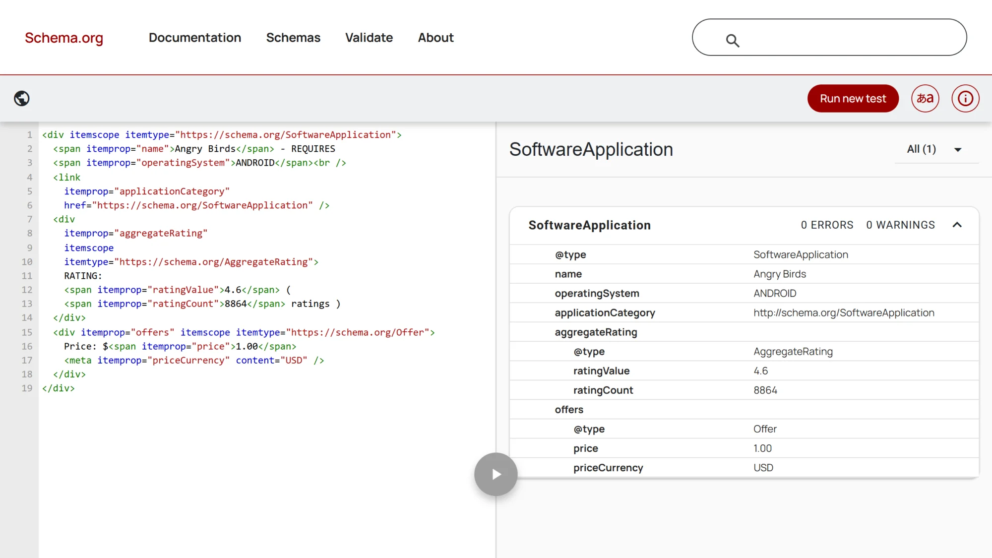 Schema Markup Validator shows zero errors and zero warnings, with price 1.00 and currency USD beneath Offer.