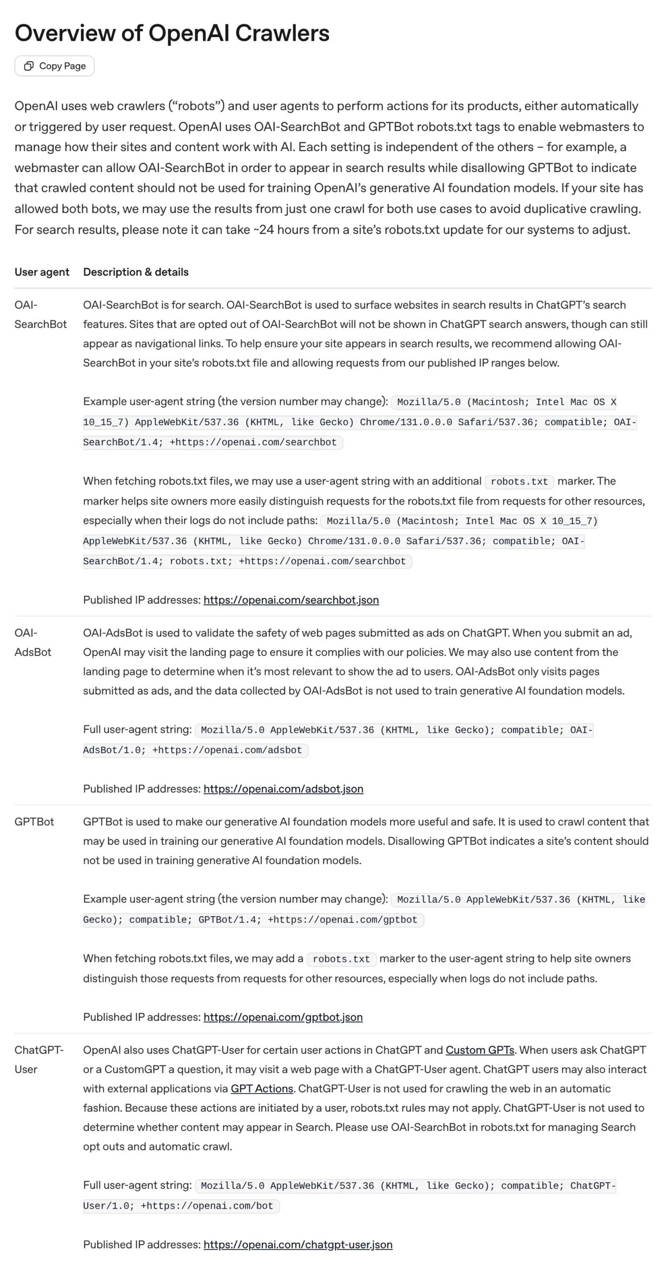 OpenAI's Overview of OpenAI Crawlers page, captured October 6, 2026, describing OAI-SearchBot, OAI-AdsBot, GPTBot and ChatGPT-User and the roughly 24-hour delay after robots.txt changes