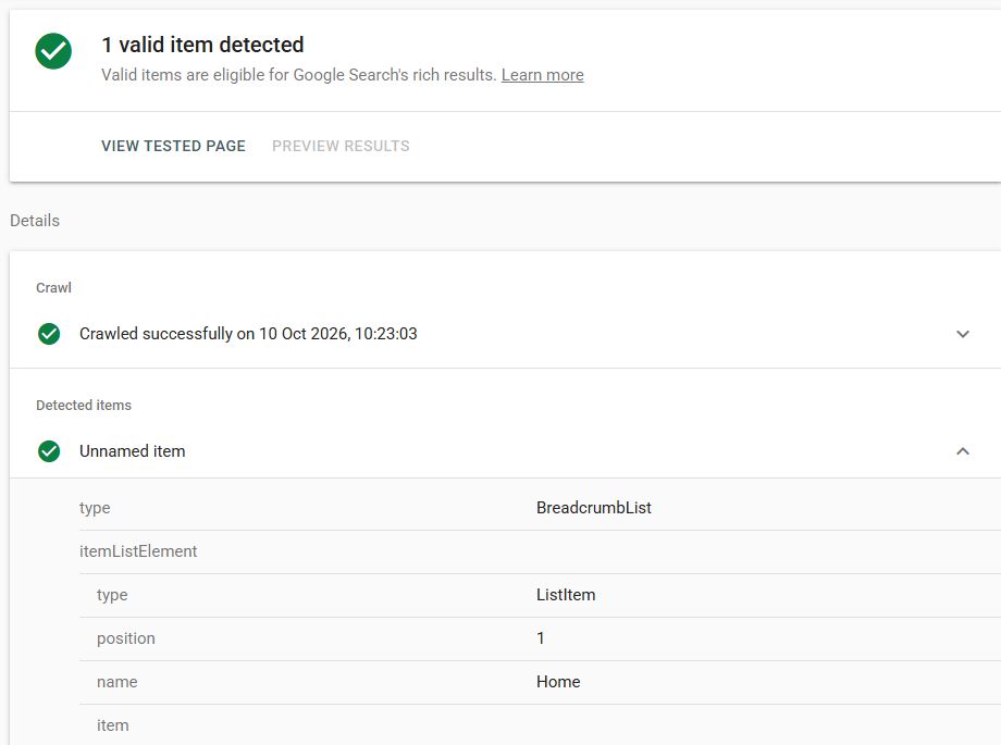 Google Rich Results Test reports one valid breadcrumb item for the J6 homepage.