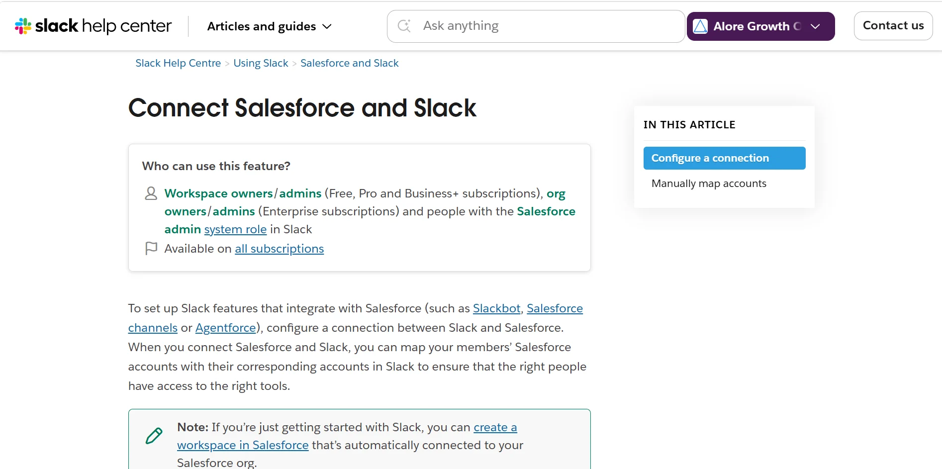 Slack’s connection documentation listing administrator roles and availability on all subscriptions.